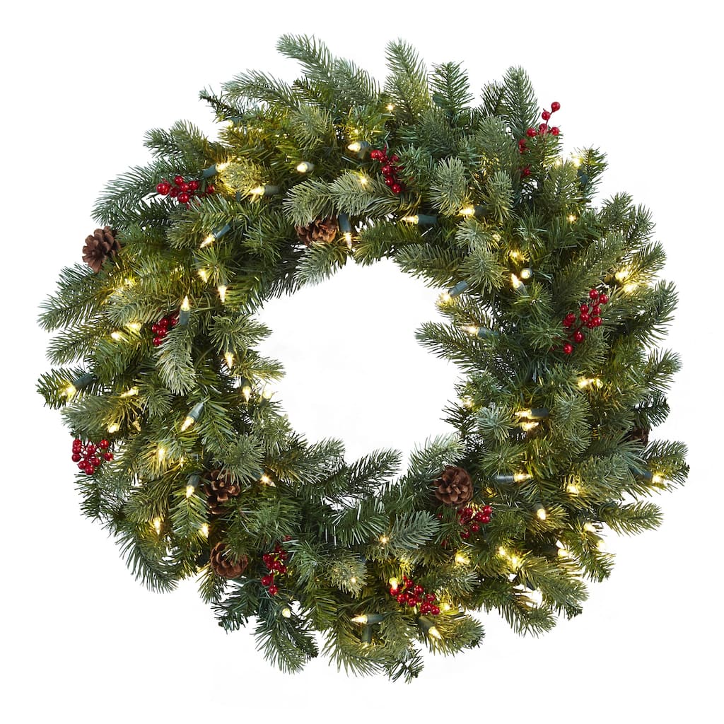 Pre-Lit Berries and Pinecones Christmas Wreath, 30-Inch, Clear Lights