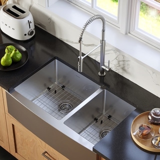 Karran Farmhouse Apron Front Stainless Steel 33 in. Double Bowl Kitchen Sink Kit