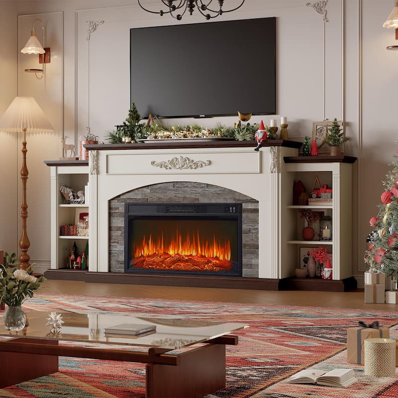 78 inch Electric Fireplace Mantel Fireplace TV Stand Entertainment Center with 30 inch Fireplace Insert Heater and Storage