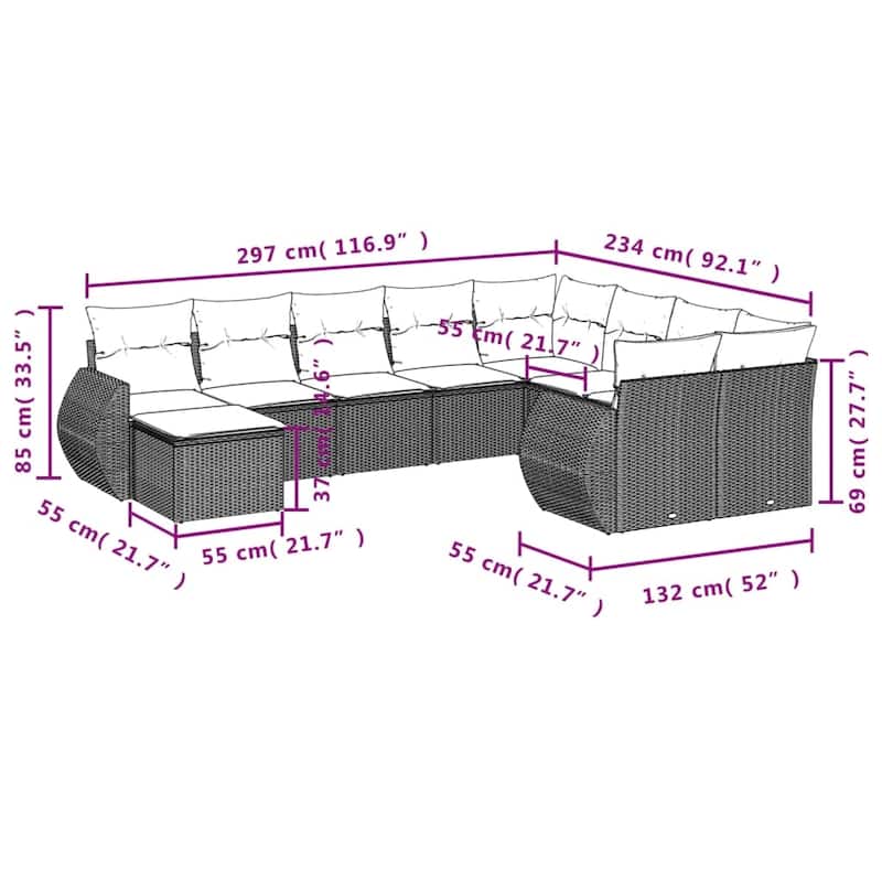 vidaXL Patio Sofa Set with Cushions Outdoor Furniture 10 Piece Poly Rattan - 21.7 x 21.7 x 14.6