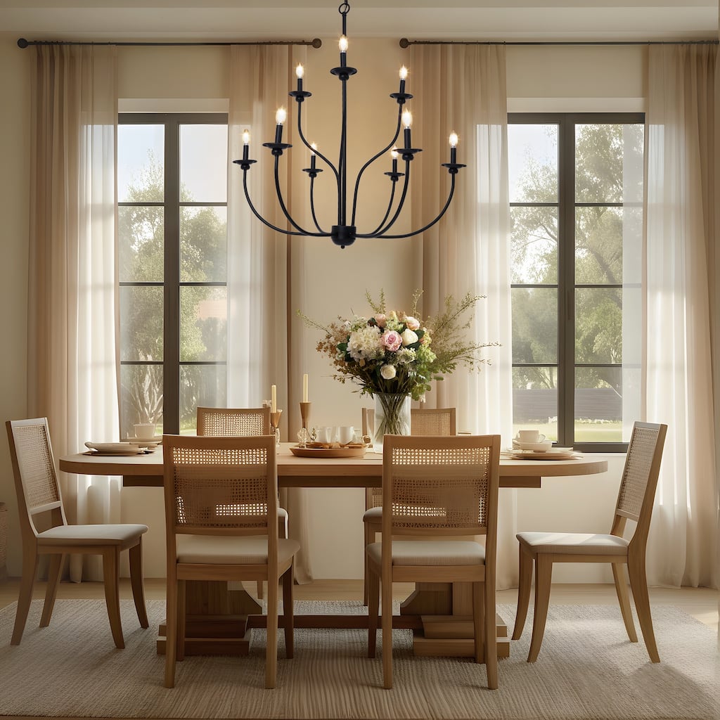 Modern Farmhouse 9-Light Chandelier Black Wheel 2-Tier Candle Lighting for Dining Living Room - D 39.4" x H 31.1"