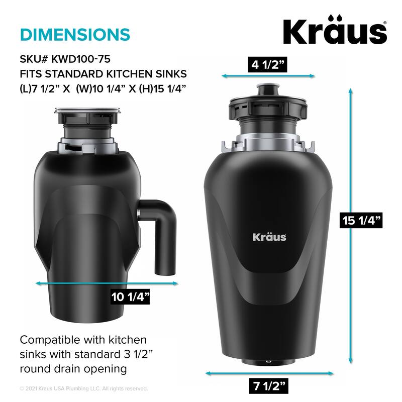 Kraus KWD100-75 WasteGuard 3/4 HP Continuous Garbage Disposal