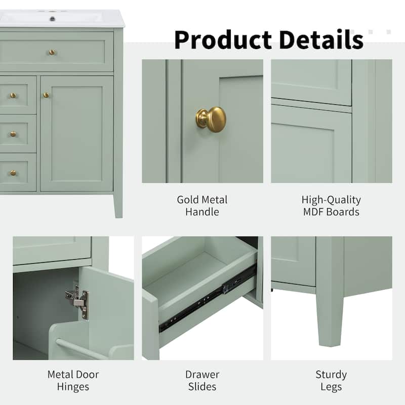 24" Bathroom Vanity with Sink, MDF & Rubberwood Construction, 3 Drawers & Cabinet with Adjustable Shelves