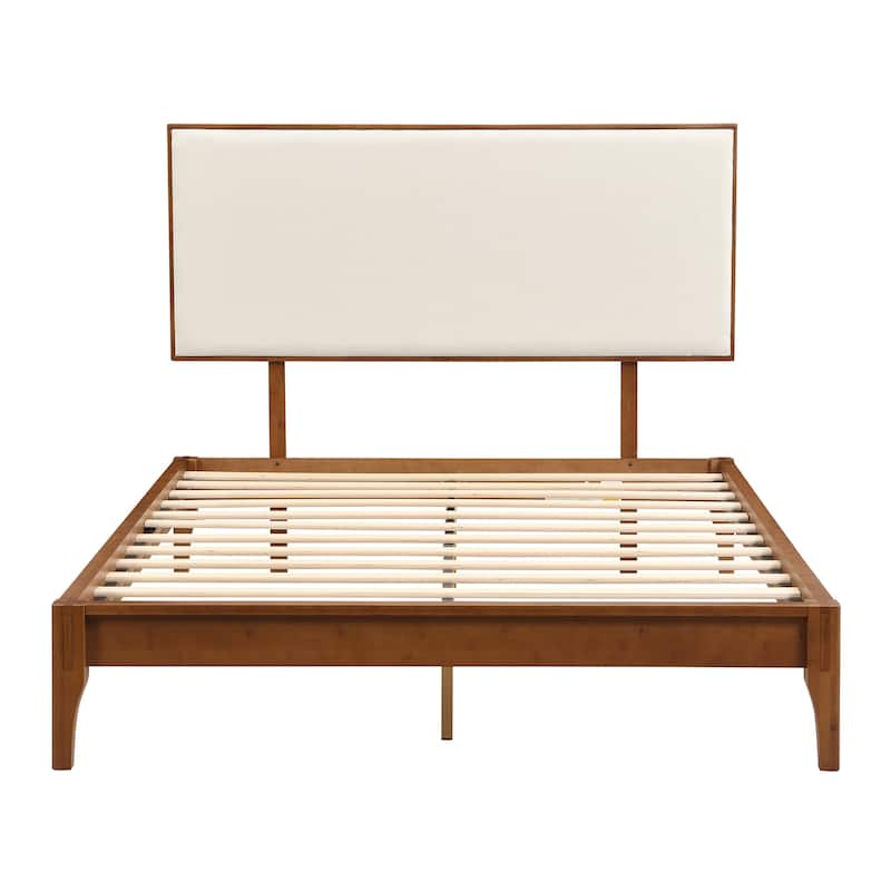 Solid Dry Bamboo Wood Platform Bed with Bamboo Frame, Upholstered Adjustable Headboard, Noise-Free Design, Easy Assembly