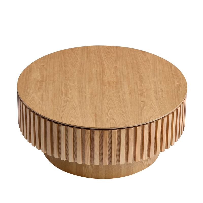 31.5" Round Wood Coffee Table with Storage, Modern Handcraft Drum Coffee Table, Stylish Circle Wooden Center Table