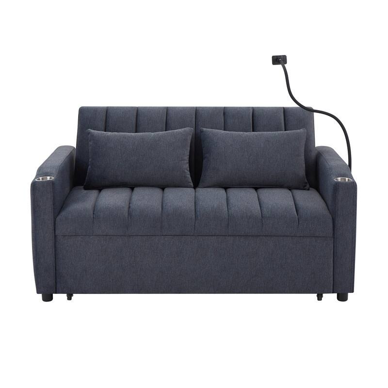 55.9" Convertible Sofa Bed Loveseat Sofa with Three USB Ports, Two Side Pockets, Two Cup Holders and 360°Swivel Phone Holder