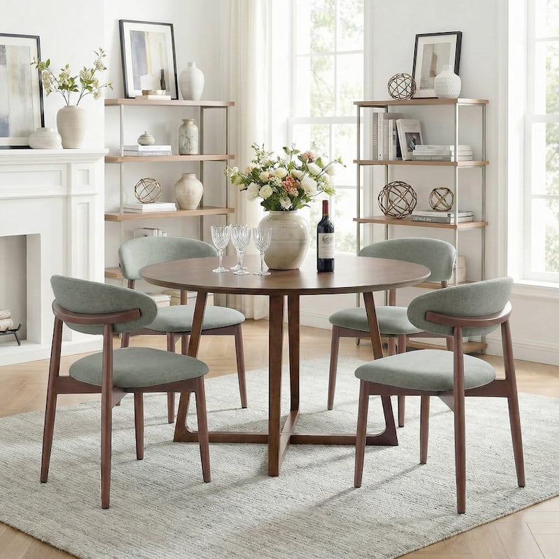 Open Back Upholstered Wood Frame Dining Chair Fabric Seat - Set of 4 - Green