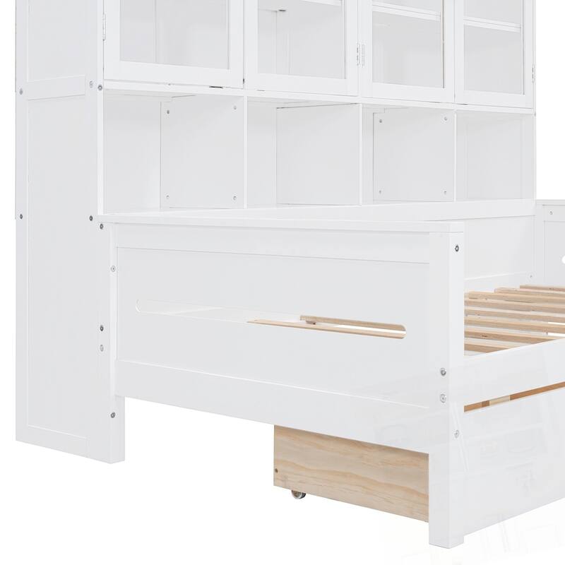Wooden Daybed with Glass-Door Storage Cabinets Built-in LED Lighting and Shelves