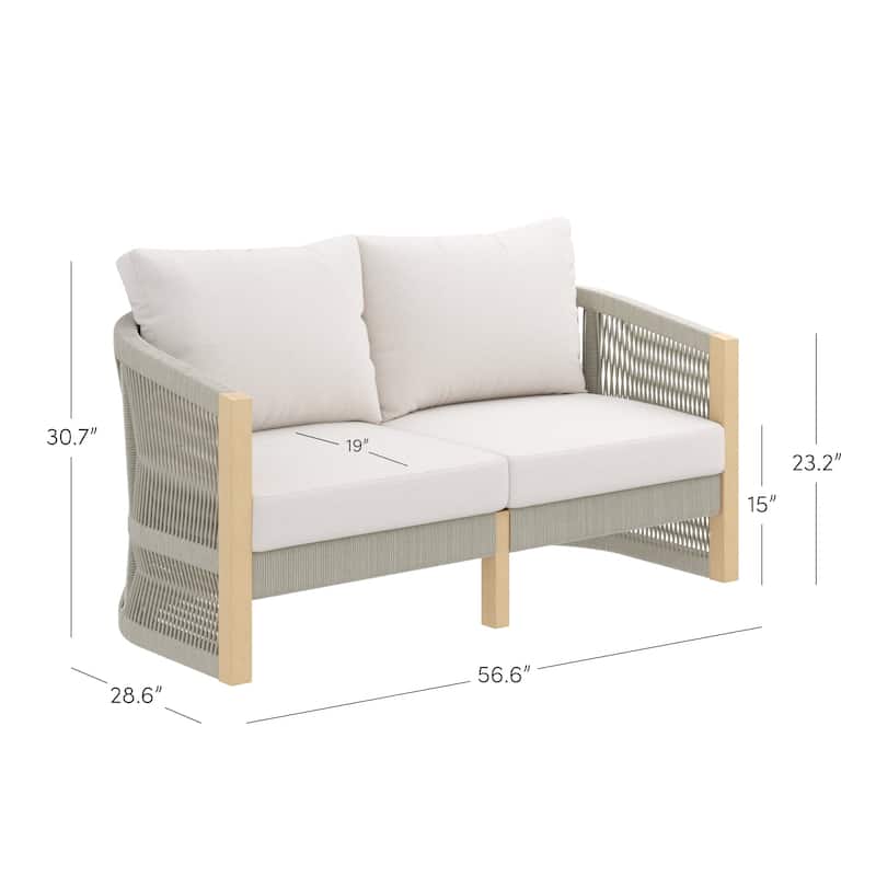 Jagger Farmhouse Patio Seating with Solid Acacia Wood Frame, Cushions, and Rope Accent
