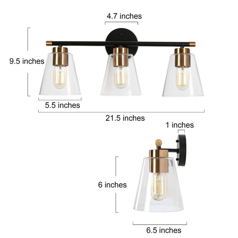 Fnly Modern Farmhouse 3-light Black Gold Bathroom Vanity Light LED Dimmable Cone Sconce with Clear Glass