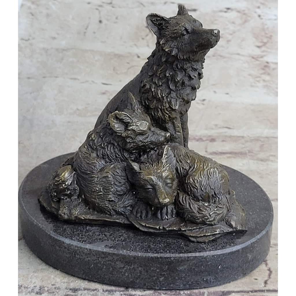 Wolf And Cubs Bronze Miniature Statue Sculpture Marble Base Desktop 4 Inches X 5 Inches