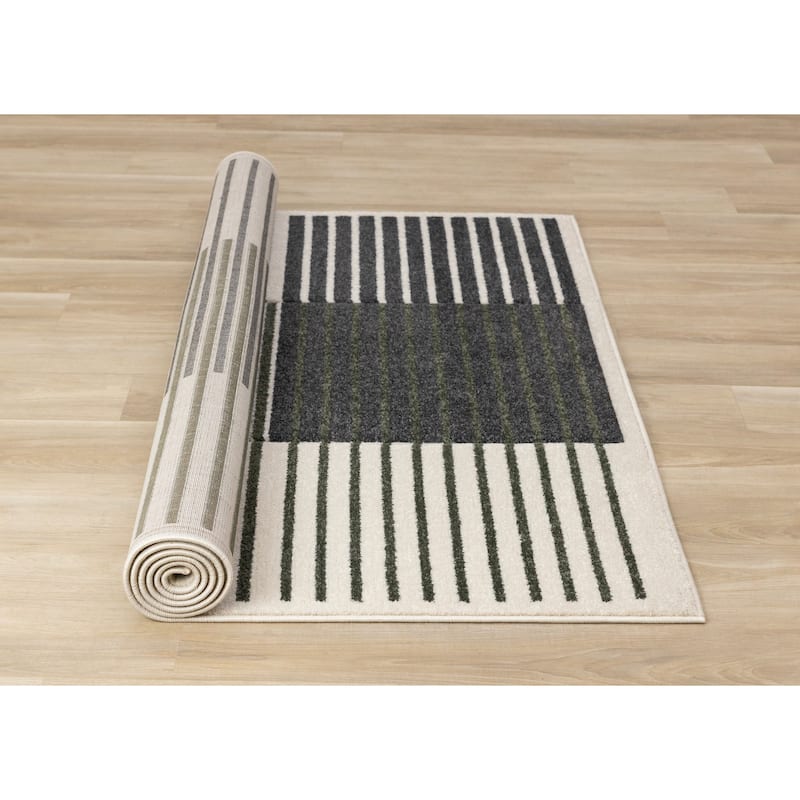 Green Black White Modern Striped High-Traffic Area Rug