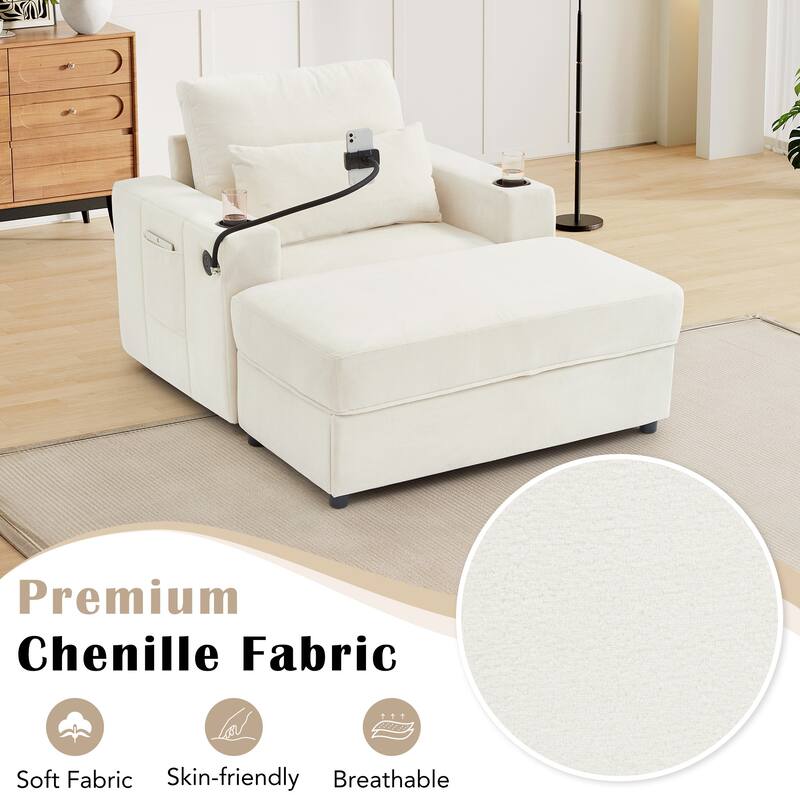 Chaise Lounge Sofa Couch with a Movable Storage Ottoman, Two USB Ports, Two Cup Holders, a Phone Holder，Side Pockets