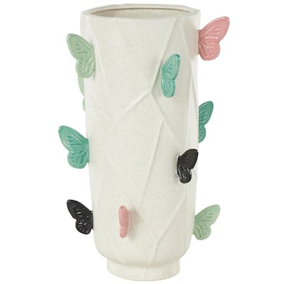 Ceramic Butterfly Wide Vase with Multicolor Accents - White - Roche River Decor