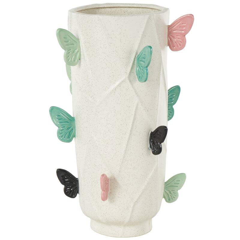 White Ceramic Wide Butterfly Decorative Vase with Multicolor Accents