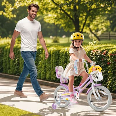 Kids Bicycle Purple Bike with Decorative Basket and Bell Training Wheels Included for Girls