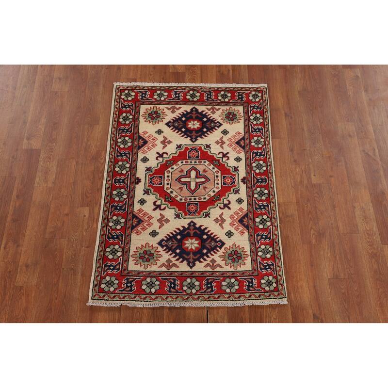 Geometric Kazak Accent Rug Handmade Wool Carpet - 2'7" x 3'9"