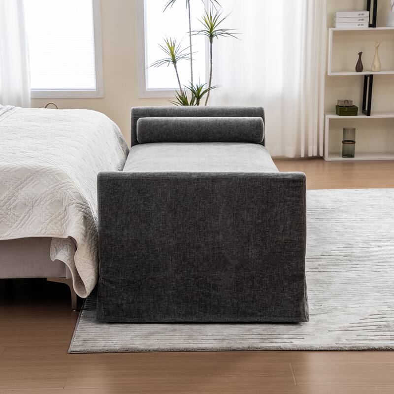 90.6''W Chenille End of Bed Bench With 2 Bolster Pillows,Chaise Lounge,Entryways Bench