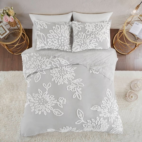 Madison Park Veronica Tufted Cotton Chenille Floral Comforter Set - Warm Grey/White - King