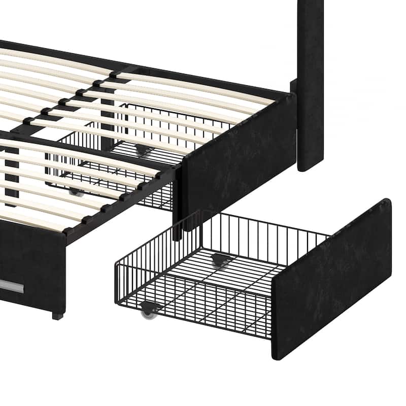 Moasis King Size Velvet Platform Bed with 4 Drawers RGB Lights and Charging Station No Box Spring Needed