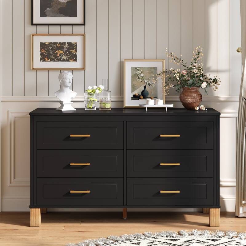 Roomfitters 6-Drawer Double Dresser, Modern Bedroom Storage Cabinet with Solid Wood Legs & Metal Handles - Black