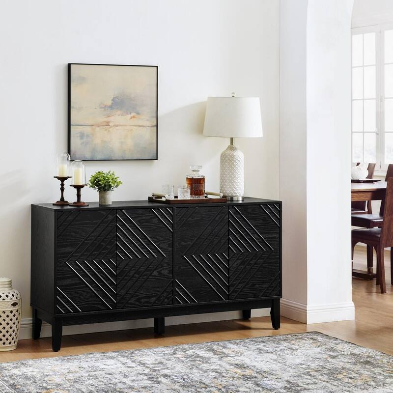 Farmhouse 60.5" Buffet Cabinet with Adjustable Shelves and Geometric Pattern for Stylish Storage Solutions