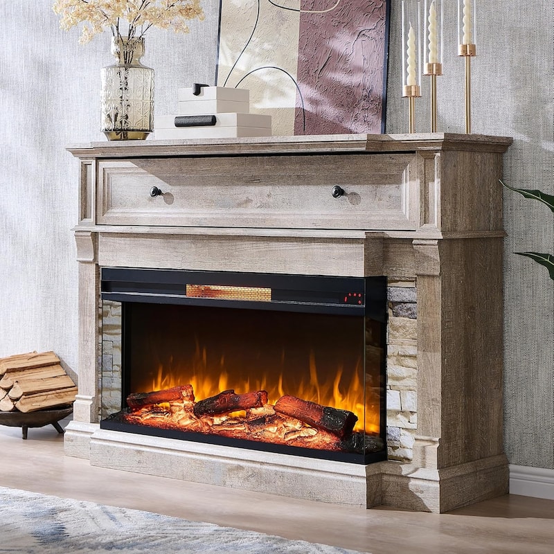 Farmhouse TV Stand With 3-Sided Glass Fireplace, Entertainment Center - Light Rustic Oak