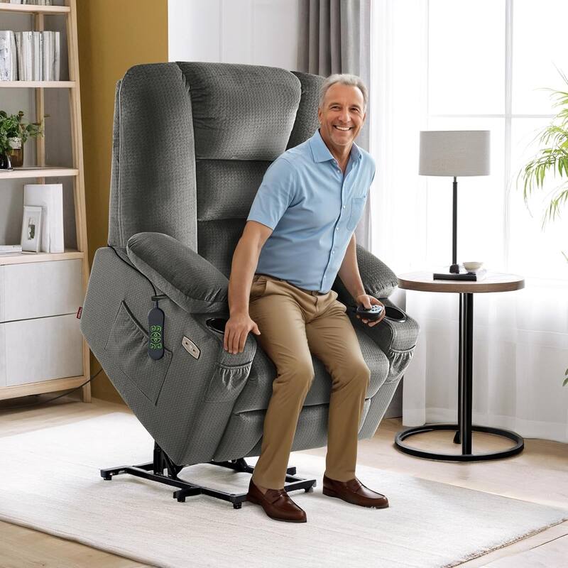 MCombo Large Electric Power Lift Recliner Chair with Massage and Heat for Elderly, Fabric 7549 - Grey