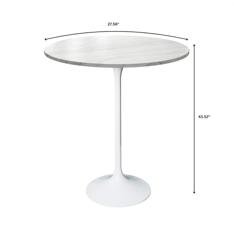 LeisureMod Verve 27" Bar Dining Table with Sintered Stone Round Top in White Steel, White Marbleized
