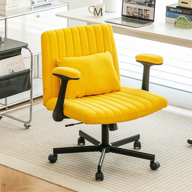 Yellow Cross-Legged Office Chair, Vanity Chair with Adjustable Seats and Wheels, for Home Offices and Studies - Yellow
