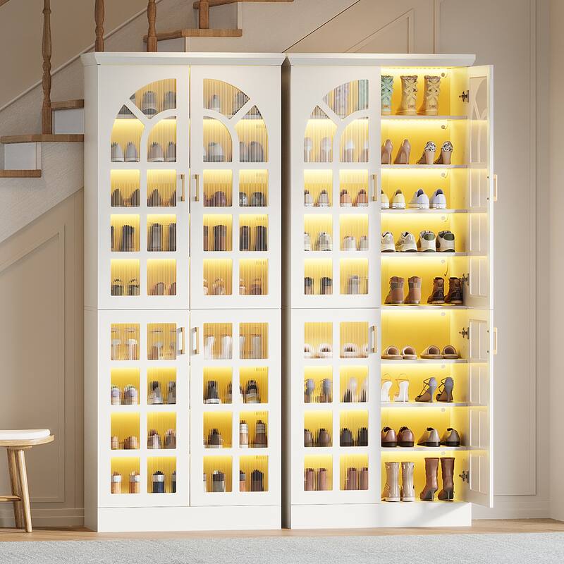 35 Pairs Tall Shoe Storage Cabinet with Doors, 9 Tiers Shoe Rack Organizer with LED Light and Adjustable Shelves for Entryway - 2-Pieces