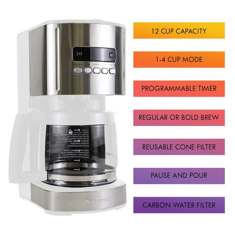 Kenmore Aroma Control 12-Cup Programmable Coffee Maker, White and Stainless Steel, Reusable Filter