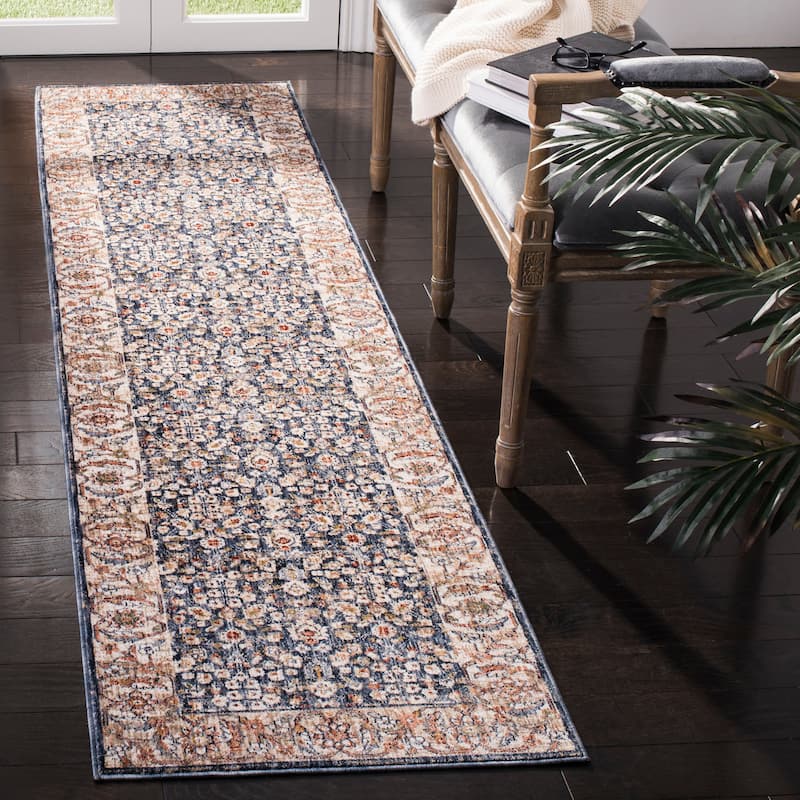 SAFAVIEH Heirloom Tamera Traditional Oriental Polyester Rug - 2' x 8' Runner - Navy/Beige