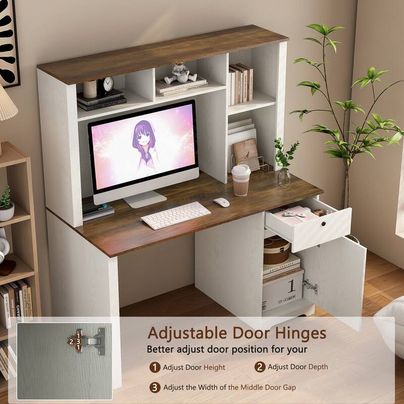 Writing Laptop Desk with Storage Drawers, USB Charging Ports & AC Outlets, Executive Desk with Bookshelf and Monitor Stand
