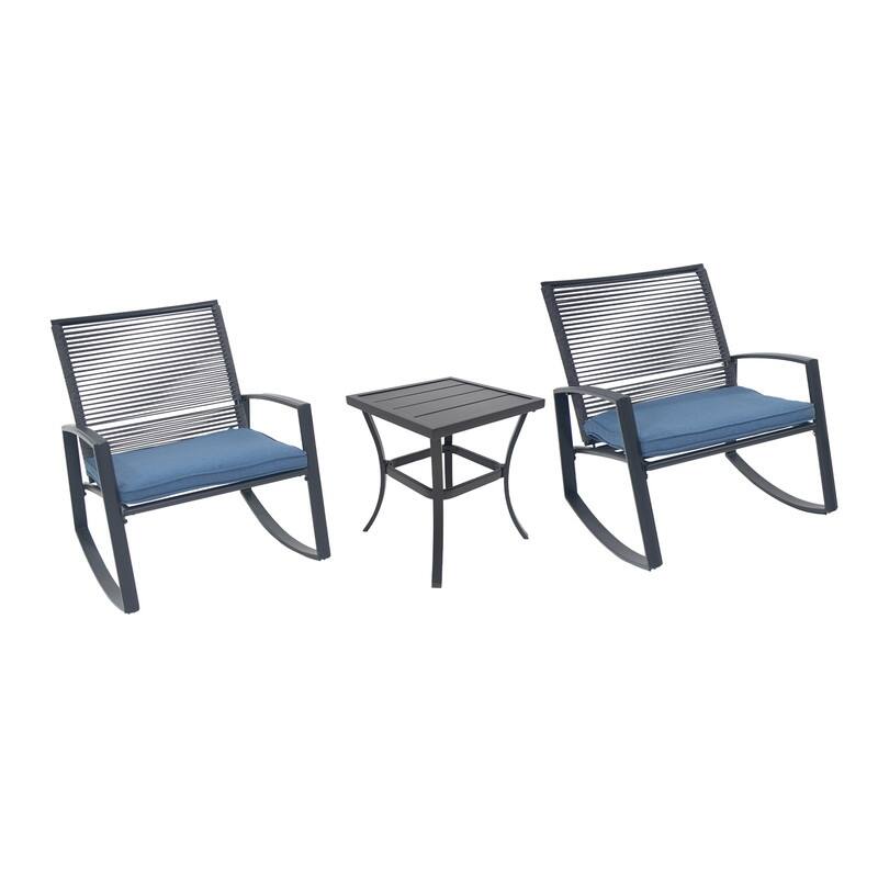 Domi Outdoor 3-Piece Wicker Rocking Chair Set, Patio Conversation Set with Removable Textilene Cushions & Metal Coffee Table