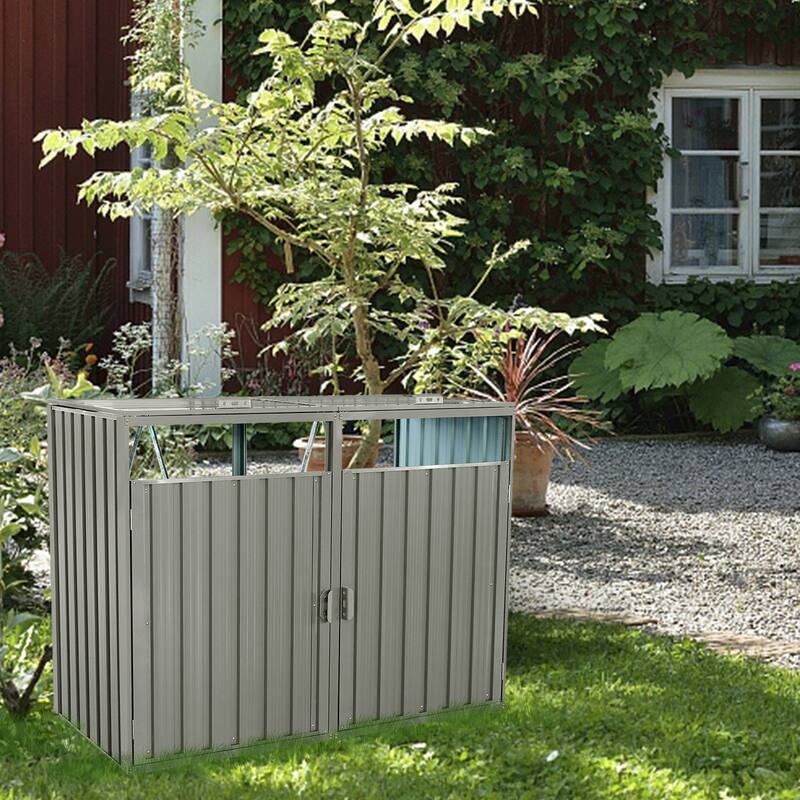 Garbage Bin Shed Stores 2 Trash Cans Metal Outdoor Bin Shed for Garbage Storage,Stainless Galvanized Steel