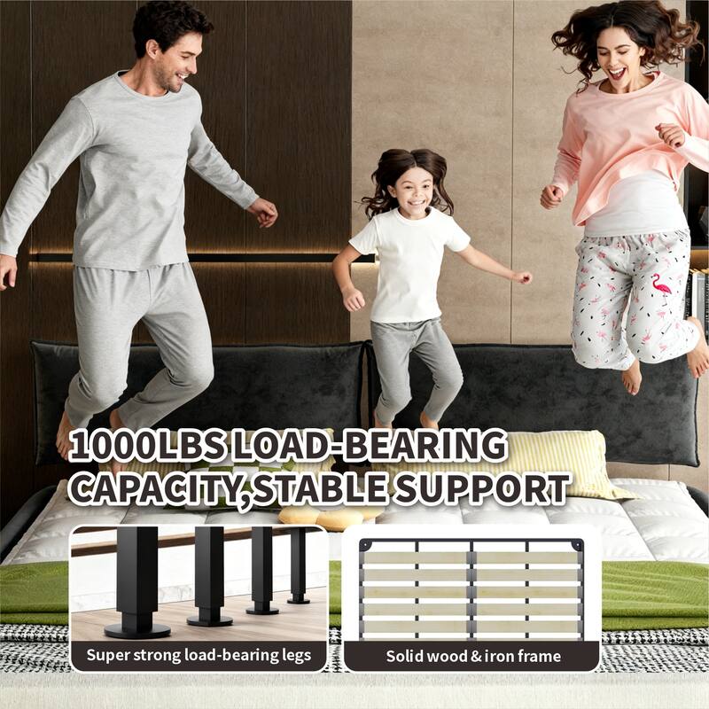 King Size Chenille Cloud Bed Frame, Upholstered Grounding Platform Bed with Oversized Padded Movable Headboard and Round Corner