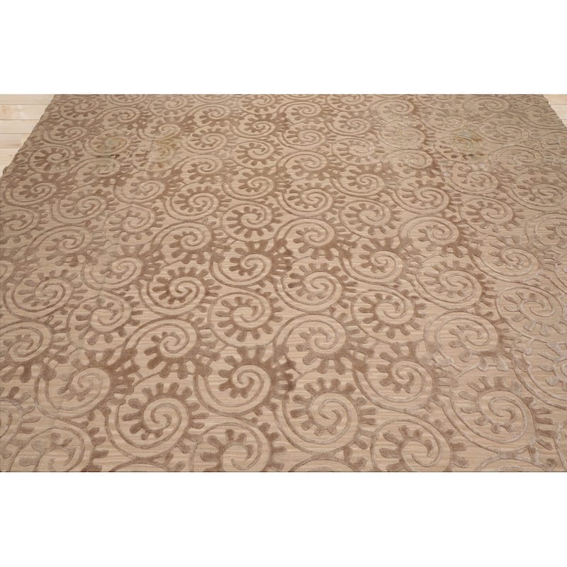 Hand Woven French Aubusson Tan Floral Wool & Silk Modern Area Rug - 9' 2'' x 11' 10''