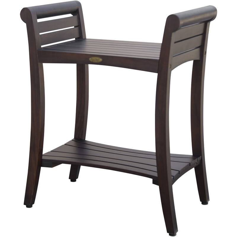 Compact Rectangular Teak Shower / Outdoor Bench with Shelf and Curved Liftaide Arms in brown Finish