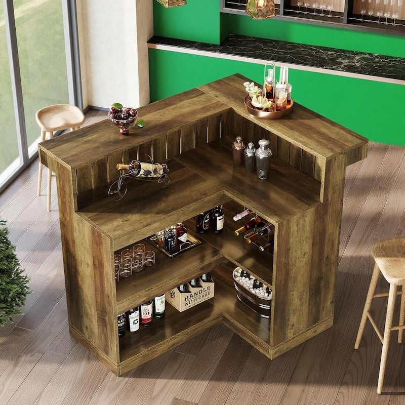 Brown MDF Corner Liquor Bar Table with 4 Shelves and Stemware Storage for Home and Pub - 51.18”L x 39.37”W x 43.31”H