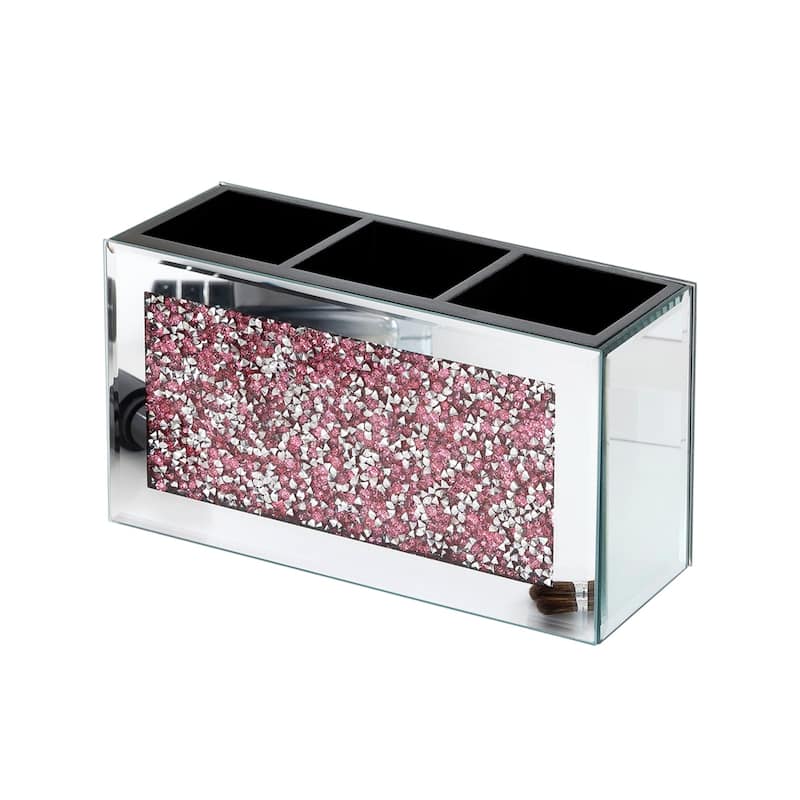 7" Pink And Silver Mirrored Glass Three Section Jewelry Organizer With Faux Crystals