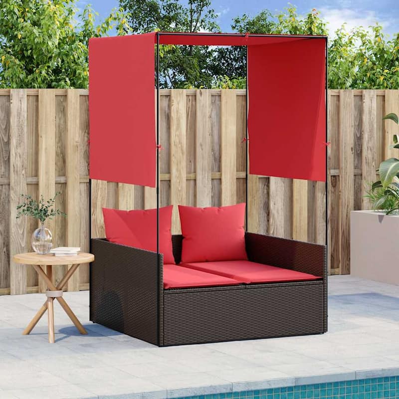 vidaXL Double Sun Lounger with Roof and Curtains Poly Rattan Brown/Gray/Black - 17.0 x 18.3 x 29.0 - Brown