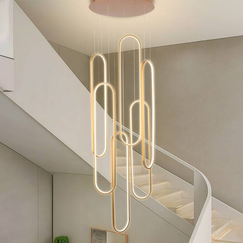 6 Rings Modern Chandelier Dimmable LED Living Room Foyer Chandelier Lighting Fixture High Ceiling Pendant Light Fixture - Gold - 39.37in