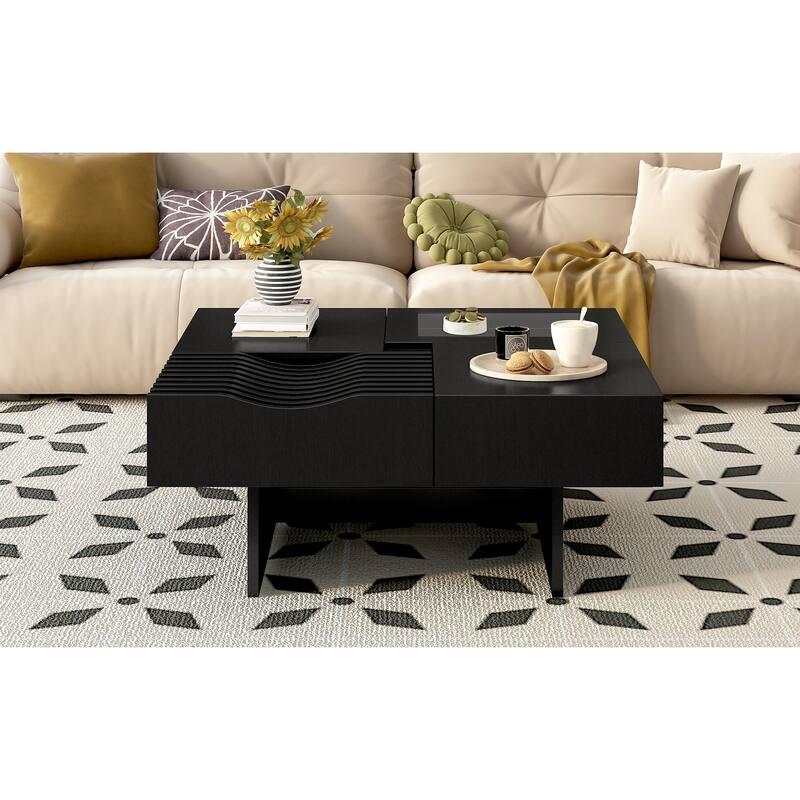 Mid-Century Modern Coffee Table Square Coffee Table with 3 Drawers and Tempered Glass Viewing Window, for Living Room