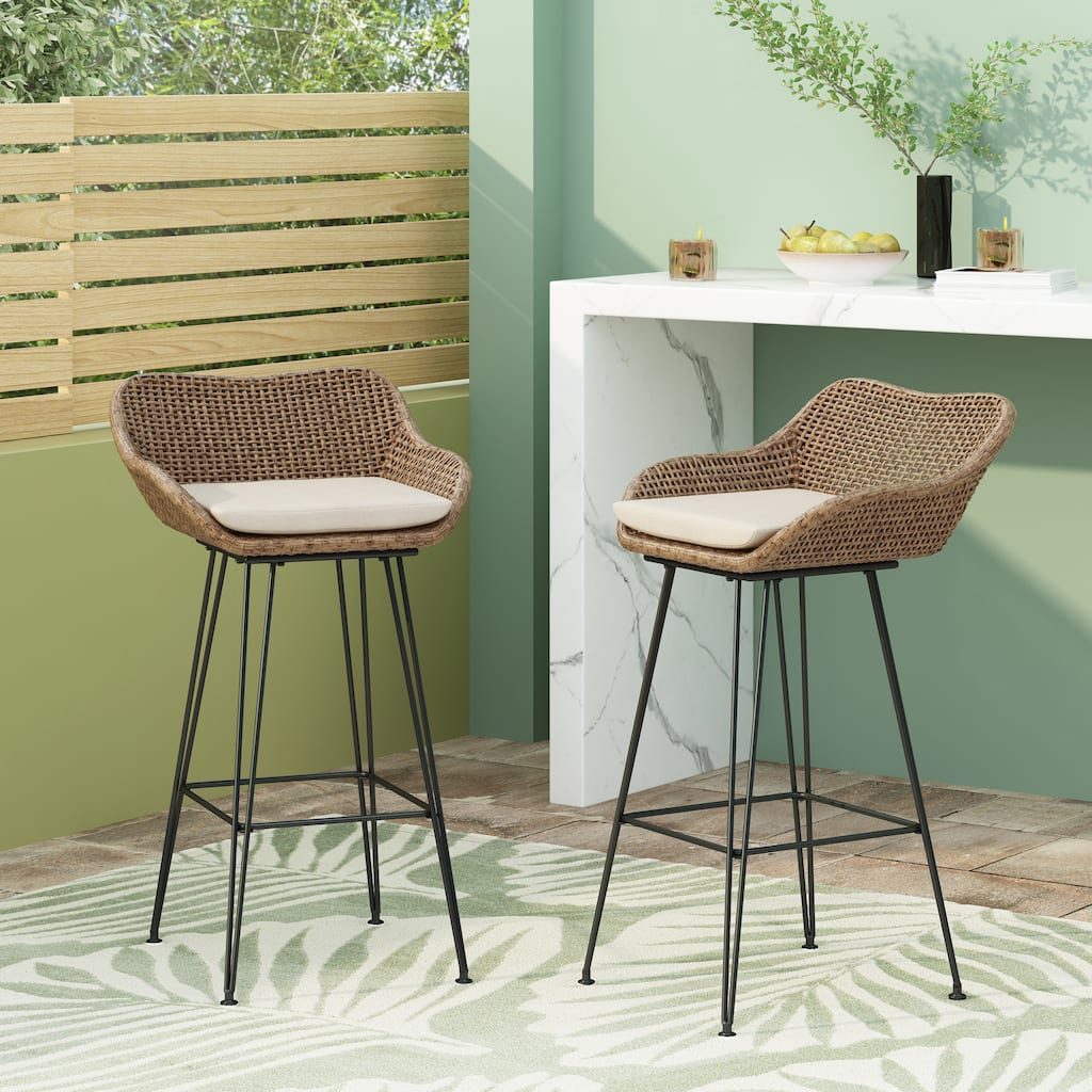 Roomfitters 29.25" Outdoor Wicker and Iron Low Back Barstools, Set of 2, Light Brown with Beige Cushions, Modern Patio Design