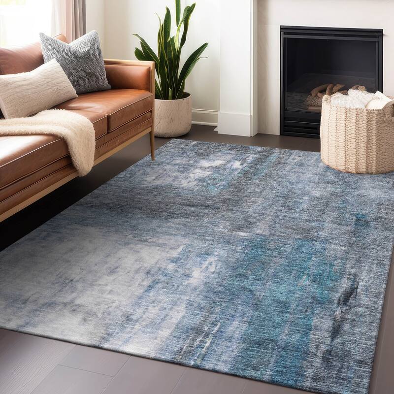 Machine Washable Indoor/ Outdoor Abstract Watercolor Chantille Rug - Blue - 2'6" x 3'10"