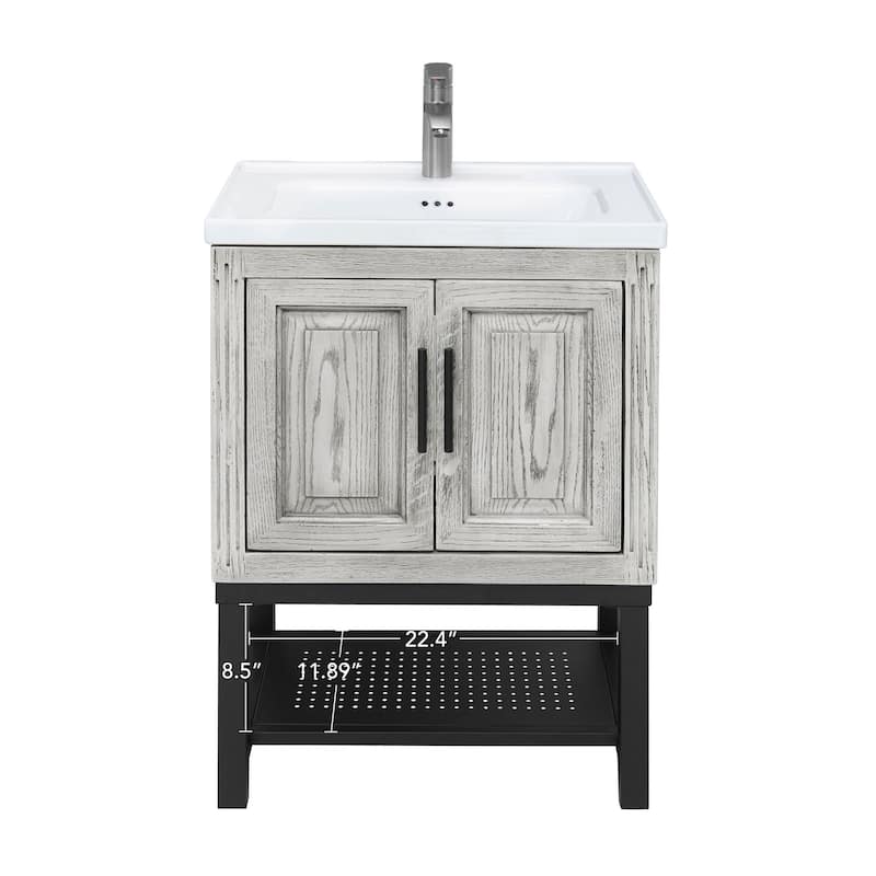 GDFStudio - CompactLine Modern Freestanding Bathroom Vanity with Ceramic Sink and Open Shelf - 24 Inch