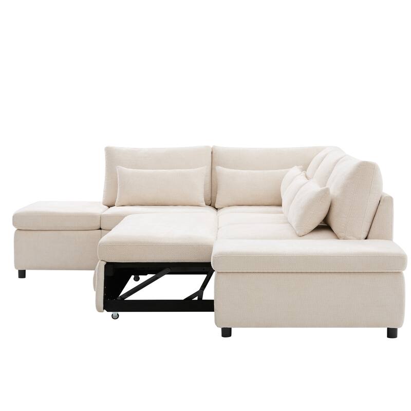 L-Shape Modular Chenille Sectional Sofa Convertible Sleeper Pull-out Sofa Bed with Dual-use Storage Ottoman and Charging Ports