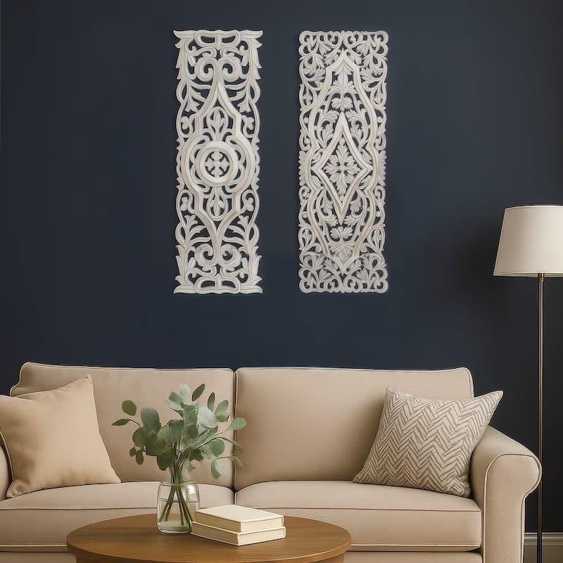 Ozy Carved Wall Art Panel Set of 2 Handcrafted Ornate Decor Distressed White Wood, 16x48