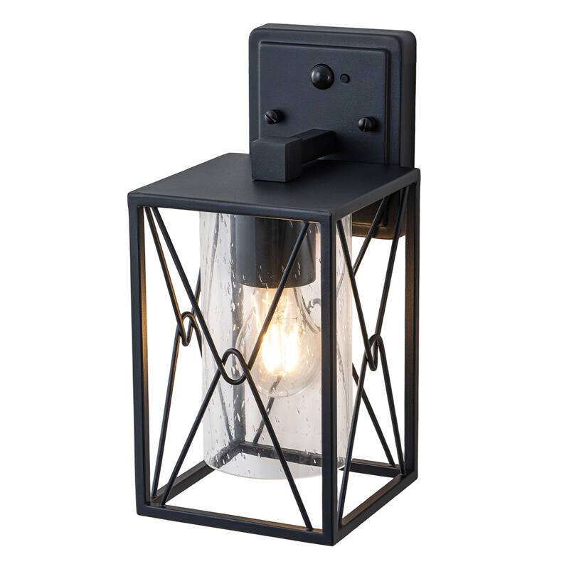 Motion Sensor Outdoor Wall Lanterns with Seeded Glass, Set of 2 - Black